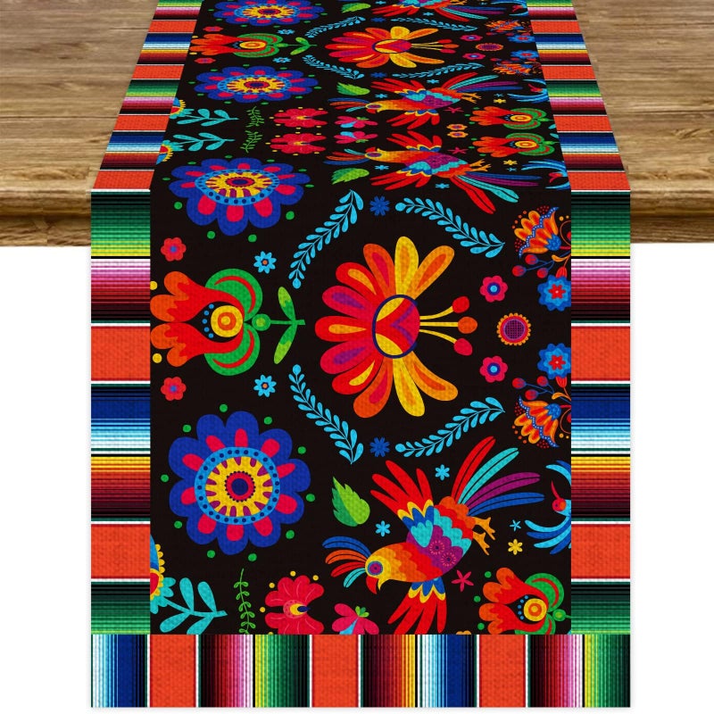 Wiooffen Linen Mexican Fiesta Table Runner Decoration 7213inch Long Cinco De Mayo Dia De Los Muertos Runners Farmhouse Rustic Runner Day of The Dead Decor and Supplies for Kitchen Dining Home Table Decoration 