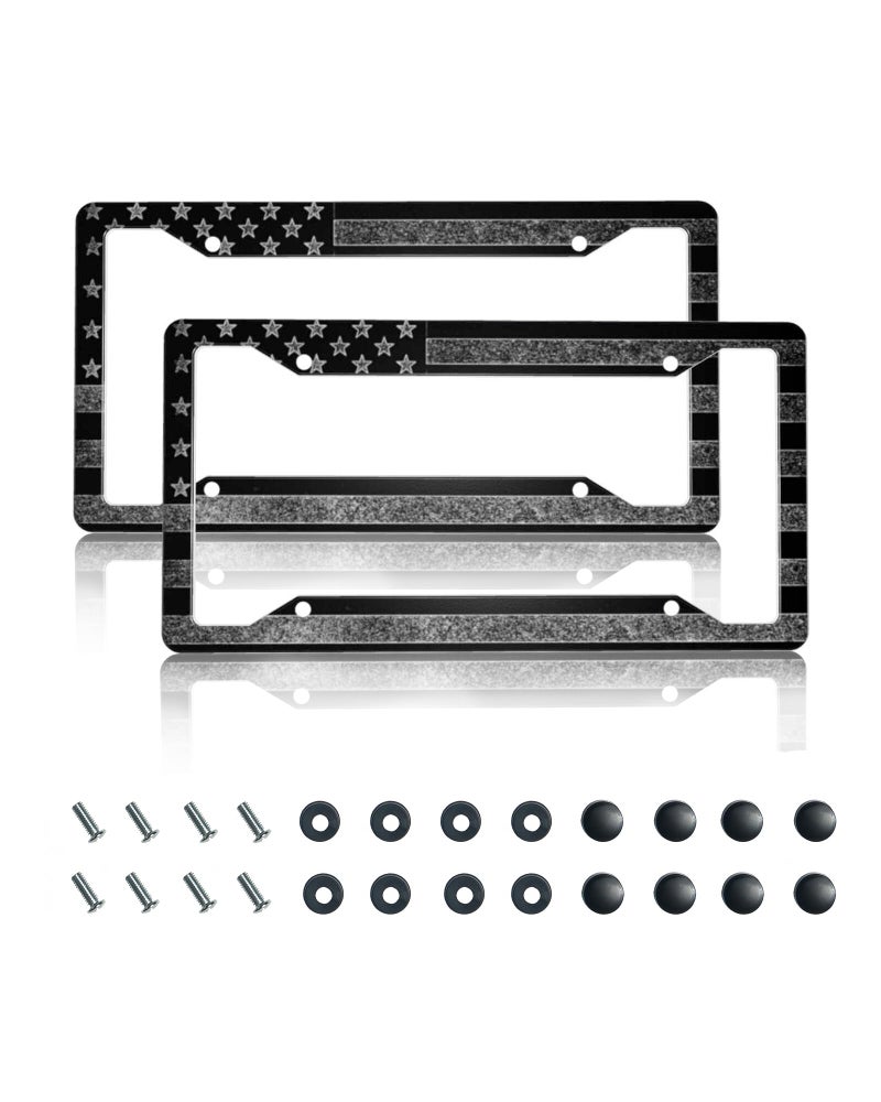 GACCAP License Plate Frame 2 Pack Front Rear Aluminum Metal Rust-Proof Universal Car Tag Frames Holder with 4 Holes Car Decor Accessory with Screws for Men Women - Black Grey American Flag - Image 1