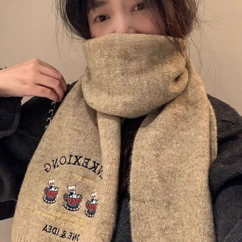 New Wool Three Bear Embroidered Knitted Scarf For Girls Winter High-End Thickened Warm All-Match Scarf - Image 4