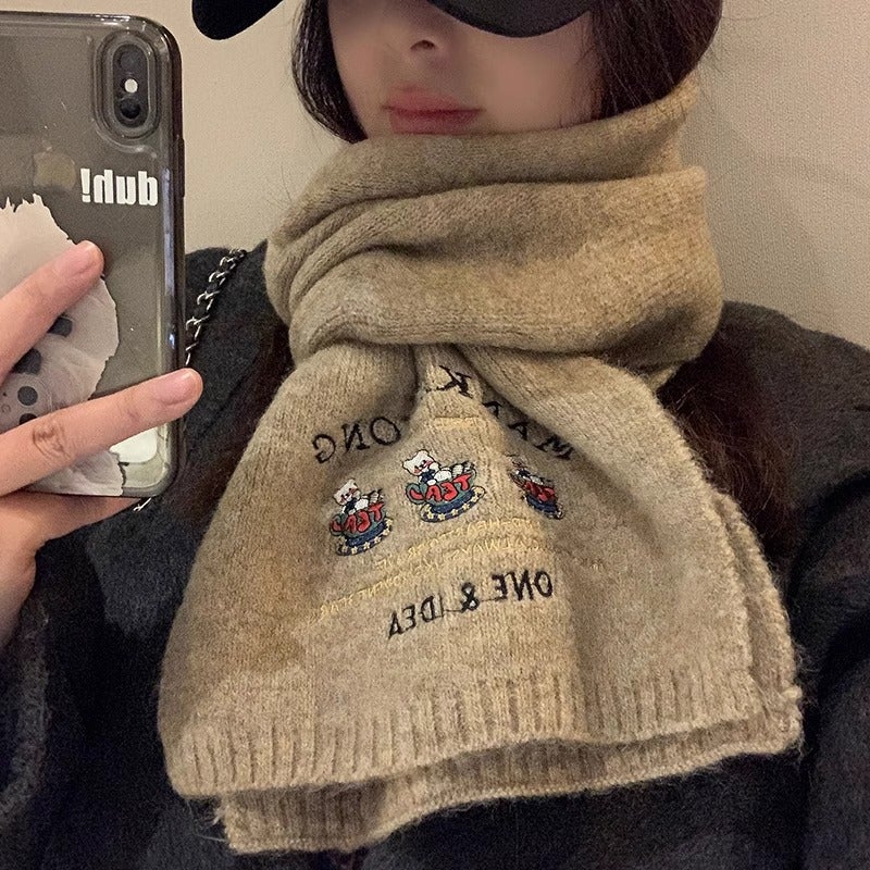 New Wool Three Bear Embroidered Knitted Scarf For Girls Winter High-End Thickened Warm All-Match Scarf - Image 2