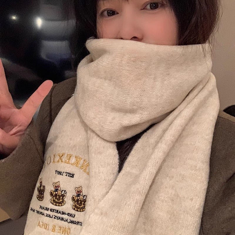 New Wool Three Bear Embroidered Knitted Scarf For Girls Winter High-End Thickened Warm All-Match Scarf - Image 5