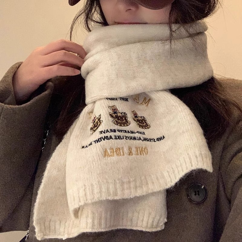 New Wool Three Bear Embroidered Knitted Scarf For Girls Winter High-End Thickened Warm All-Match Scarf - Image 3