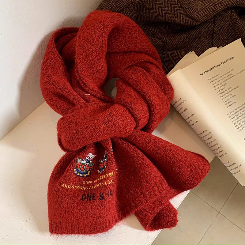 New Wool Three Bear Embroidered Knitted Scarf For Girls Winter High-End Thickened Warm All-Match Scarf - Image 1