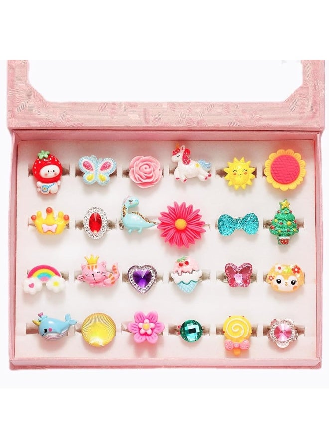PinkSheep Little Girl Jewel Rings in Box, Adjustable, No Duplication, Girl Pretend Play and Dress Up Rings (24 Lovely Ring) - Image 1