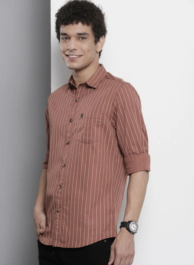 The Indian Garage Co Men Regular Fit STRIPED Full Sleeves Cutaway Collar Casual Shirt