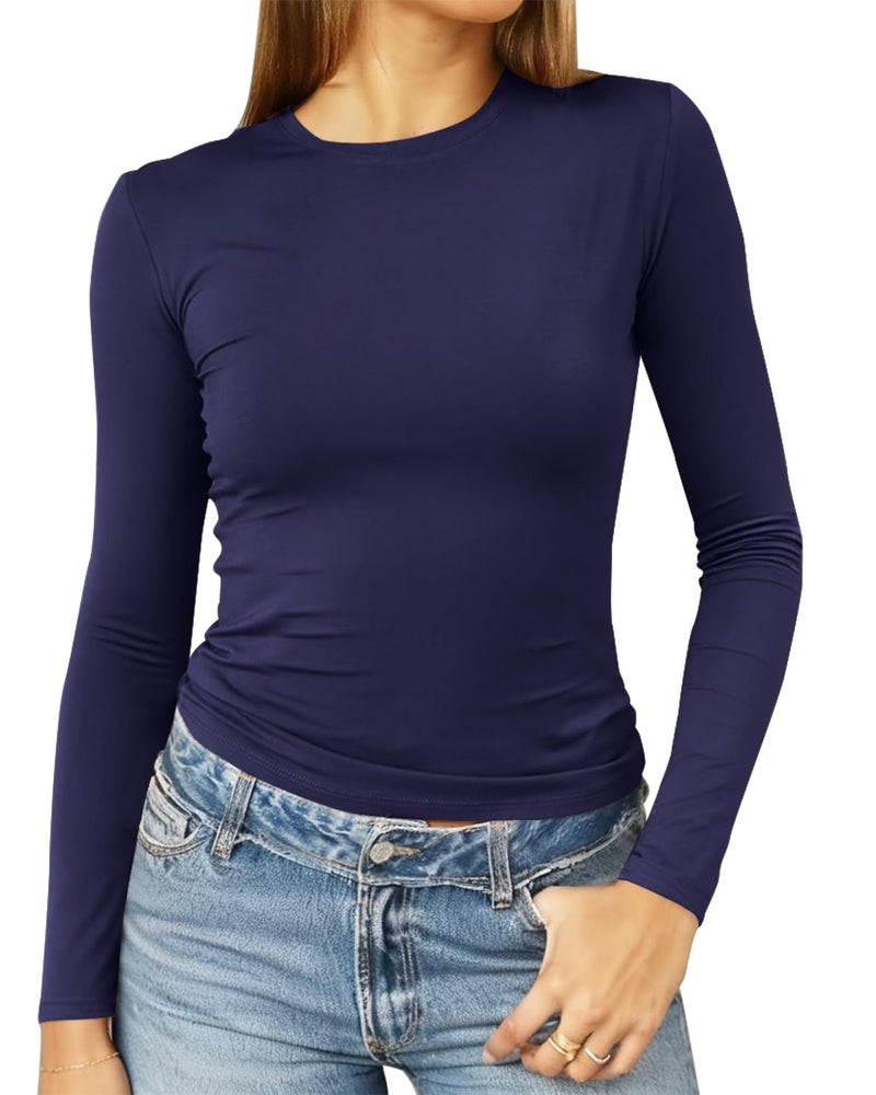 Abardsion Women's Long Sleeve Shirts Spring 2026 Casual Basic Going Out Crop Tops Slim Fit Tight Y2K Clothes(Navy Blue, S) - Image 1