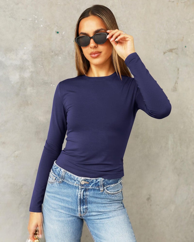 Abardsion Women's Long Sleeve Shirts Spring 2026 Casual Basic Going Out Crop Tops Slim Fit Tight Y2K Clothes(Navy Blue, S) - Image 2