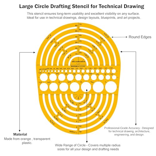 Isomars Radius Master Circle Template, Large Circle and Semi Circle Arc Drafting Stencil with Multiple Radius Measurements for Architects, Engineers, Designers, Technical Drawing & Blueprint Planning - Image 3