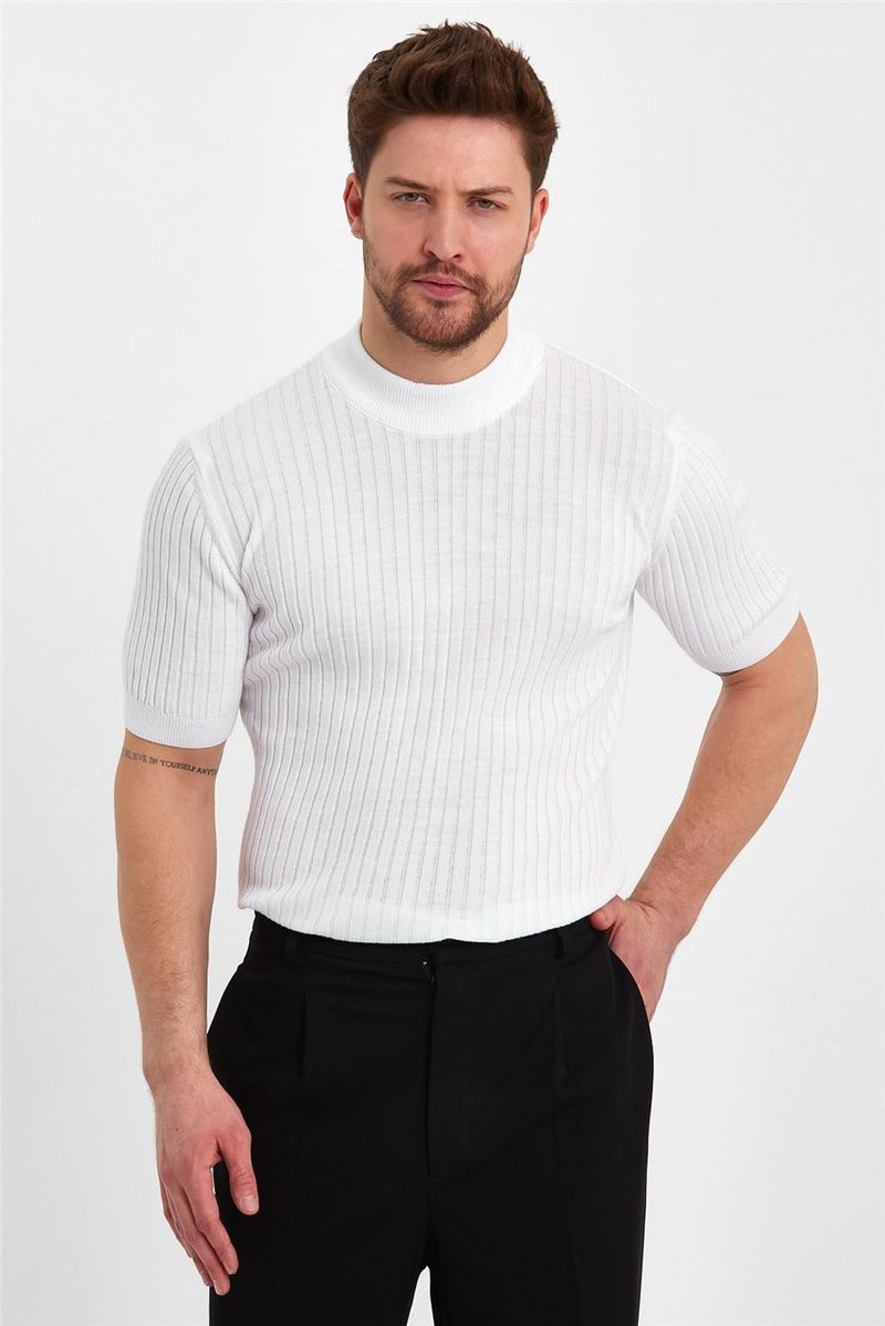 Cool Tarz Cool Style White Men's Half Turtleneck Striped Knitwear T-SHIRT-TRZ19233R01S  - Image 1