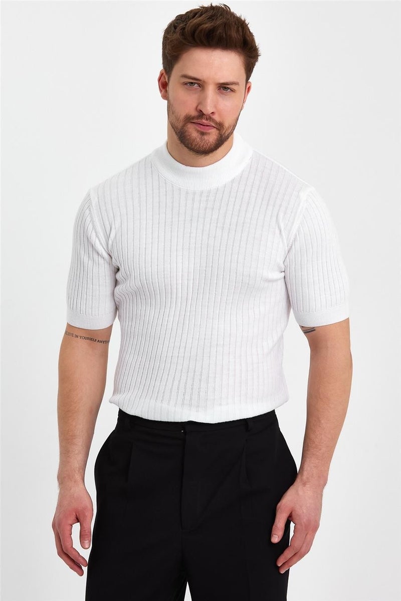 Cool Tarz Cool Style White Men's Half Turtleneck Striped Knitwear T-SHIRT-TRZ19233R01S  - Image 3