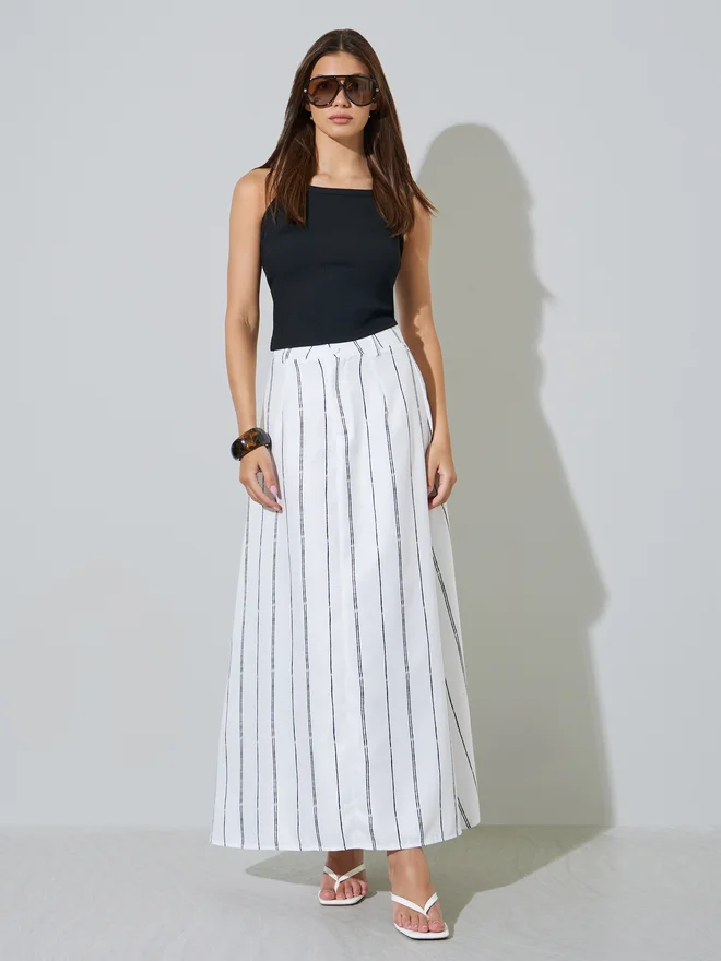 Styli Styli White A-Line Maxi Skirt with Pinstripes