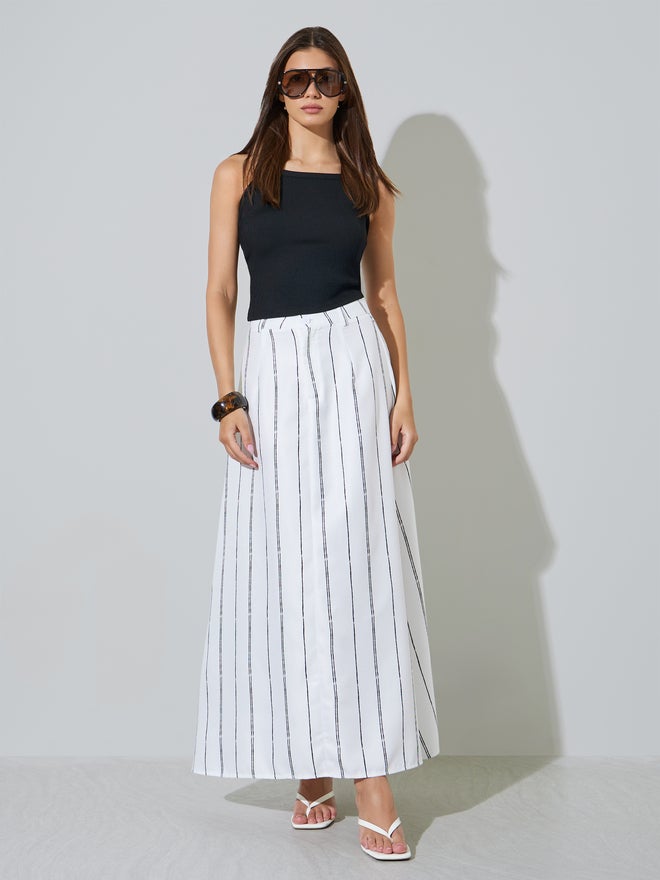 Styli White A-Line Maxi Skirt with Pinstripes - Image 1