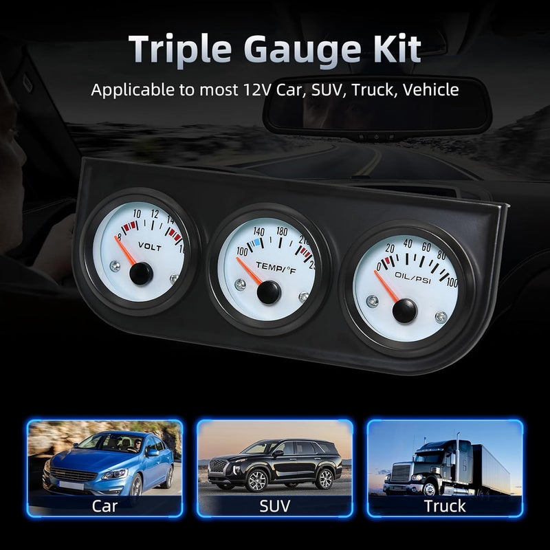 ARTILAURA 52mm Triple Gauge Set (Oil Pressure, Water Temp, Voltmeter) with Black Console for 12V Cars - Image 4