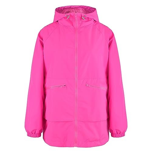 PESION Women's Pink Rain Jacket Plus Size Long Raincoat Lightweight Hooded Windbreaker Waterproof Jackets with Pockets, Hot Pink, Large - Image 5