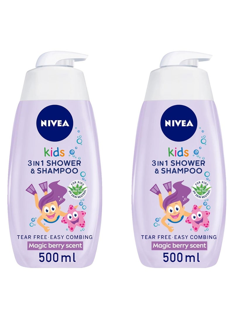 Nivea Kids 3in1 Shower Shampoo and Conditioner Bio Aloe Vera Magic Berry Scent 500ml Pack of 2  - Image 2