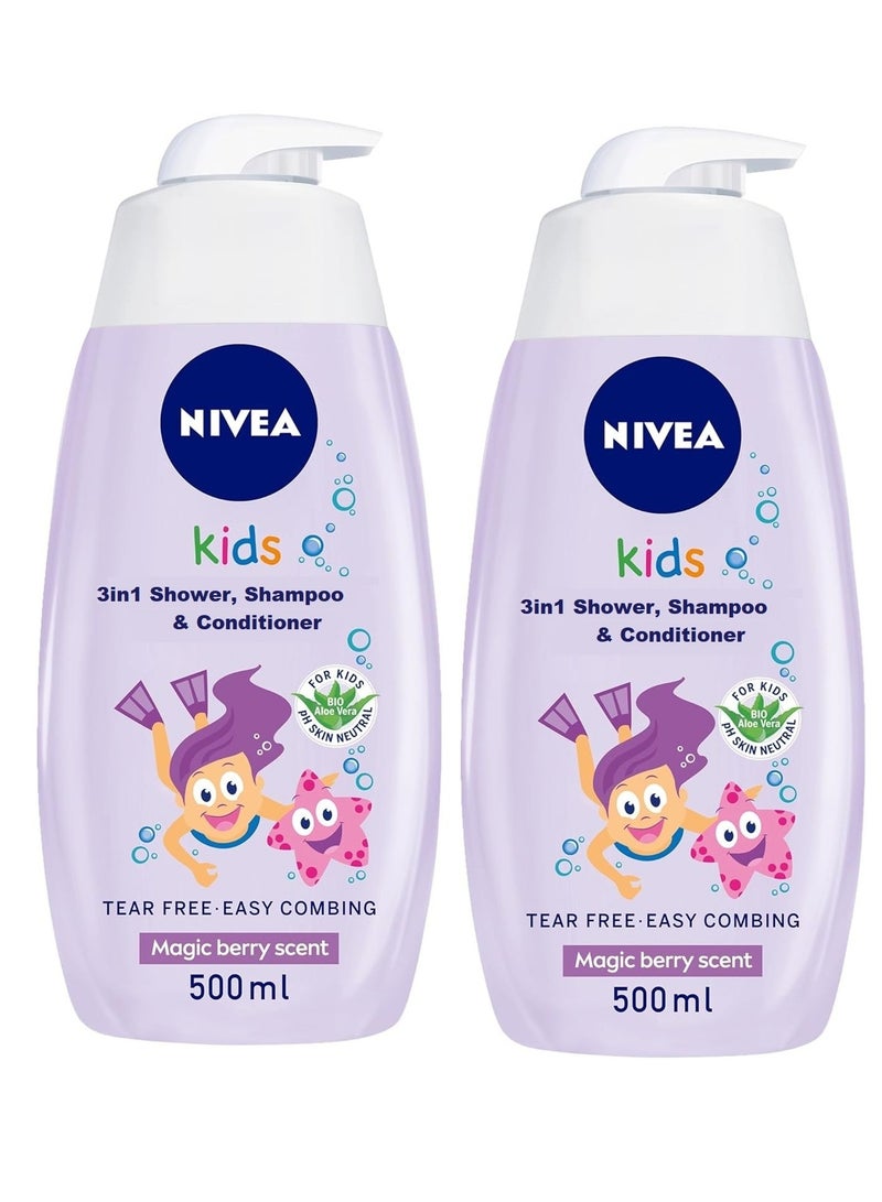 Nivea Kids 3in1 Shower Shampoo and Conditioner Bio Aloe Vera Magic Berry Scent 500ml Pack of 2  - Image 1