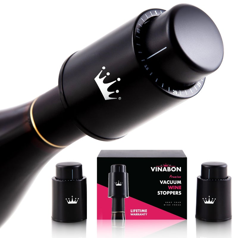 Vinabon Vacuum Wine Stopper Set Of 2 - Preserves Freshness And Flavor For 15 Days. Improved Pump Design  Easy One Button Operation  100% Leak Proof Seal In Any Position. Includes Wineguide Ebook - Image 1