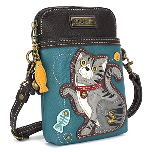 CHALA Cat Collection Cell Phone Crossbody Purse-Women PU Leather/Canvas Multicolor Handbag with Adjustable Strap - Tabby Cat - gray - turquoise - Image 2