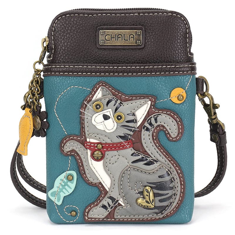 CHALA Cat Collection Cell Phone Crossbody Purse-Women PU Leather/Canvas Multicolor Handbag with Adjustable Strap - Tabby Cat - gray - turquoise - Image 5