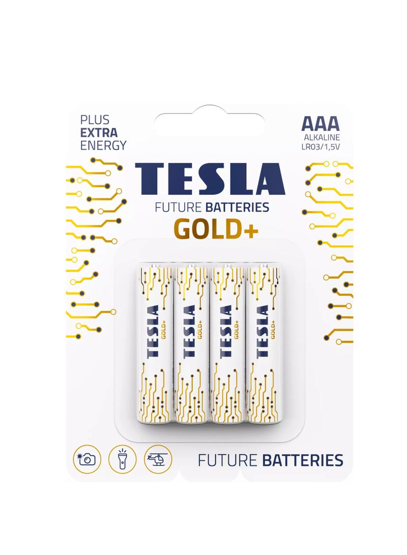 بطاريات تسلا بطاريات قلوية GOLD+ AAA 4 قطع - بطاريات قوية لأقصى أداء، طاقة ثابتة 1.5 فولت للأجهزة عالية الاستهلاك مثل الكاميرات والميكروفونات وأدوات القياس، مع تركيبة مانعة للتسرب، وأداء طويل الأمد، وتصميم صديق للبيئة، ومناسبة للاستخدام المنزلي والمهني، طاقة موثوقة تدوم لأطول فترة ممكنة  - Image 1