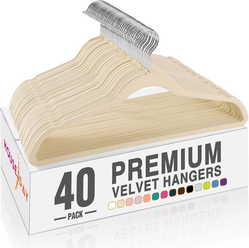 HOUSE DAY Premium Velvet Hangers, Non-Slip Thin Flocked Felt Hangers, Sturdy Clothes Hangers Heavy Duty Coat Hangers & Suit Hangers, Durable Suit Hangers for Closet Space Saving (40 Pack, Beige) - Image 1