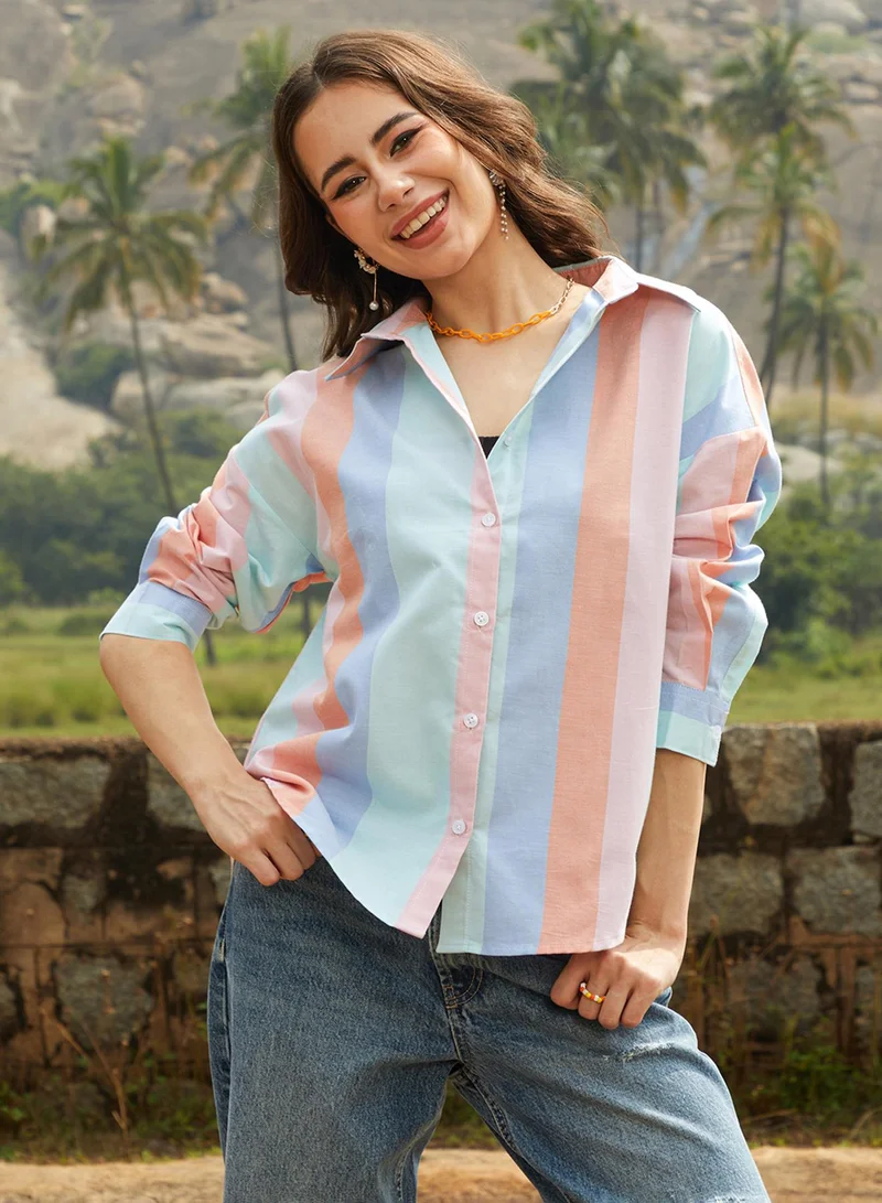 كامبوس سوترا Women's Powder Blue & Blush Pink Balanced Striped Oversized Shirt