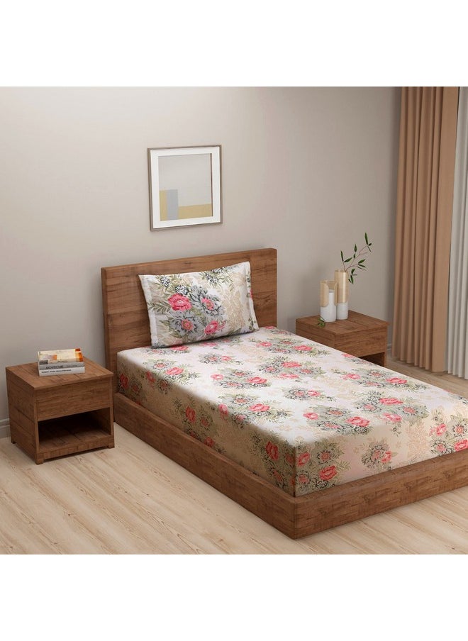 Swayam Swayam Zinnia Collection 240 TC Cotton Single Bedsheet with 1 Pillow Cover - Beige Pink  - Image 1