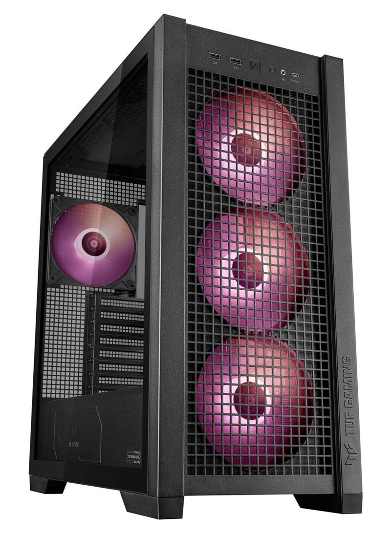 ASUS TUF Gaming GT302 aRGB Mid Tower Computer Case, 4x Pre-Installed Fan 140mm aRGB Fans, Up to 360mm Radiator & 7x Fan Support, 1x 3.5mm, 2x USB-A, & 1x USB-C I/O, Black | 90DC00I0-B19000 - Image 1