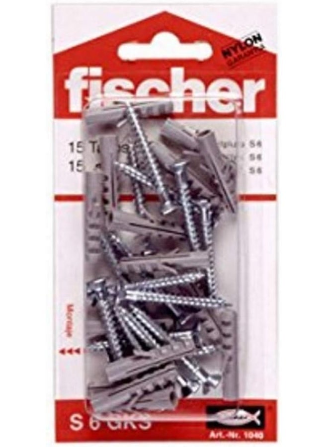 Fischer Nylon Expansion Plug S 6 GKS With Screw For Fixing Light Objects In Concrete & Solid Masonry