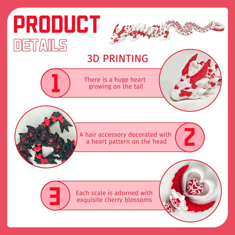 oyeftp 2PCS 3D Printed Dragon with Heart Design - 12.7 Inches Light and Dark Heart Themed Articulating Dragons, Rotating Hearts Tail - Perfect Home Decor or Valentineâ€™s Christmas Easter Basket Stuffers - Image 3