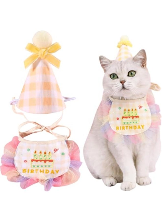 Luckam Pet Birthday Hat and Scarf, Cute Embroidered Cat Bandana Outfit, Cats Plaid Pattern Princess Costumes, Dog Lace Bib Decorations Set for Small Medium Pet, 2Pcs, Yellow - Image 3
