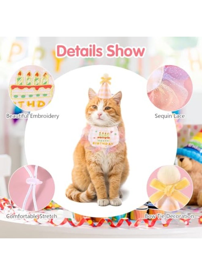 Luckam Pet Birthday Hat and Scarf, Cute Embroidered Cat Bandana Outfit, Cats Plaid Pattern Princess Costumes, Dog Lace Bib Decorations Set for Small Medium Pet, 2Pcs, Yellow - Image 4