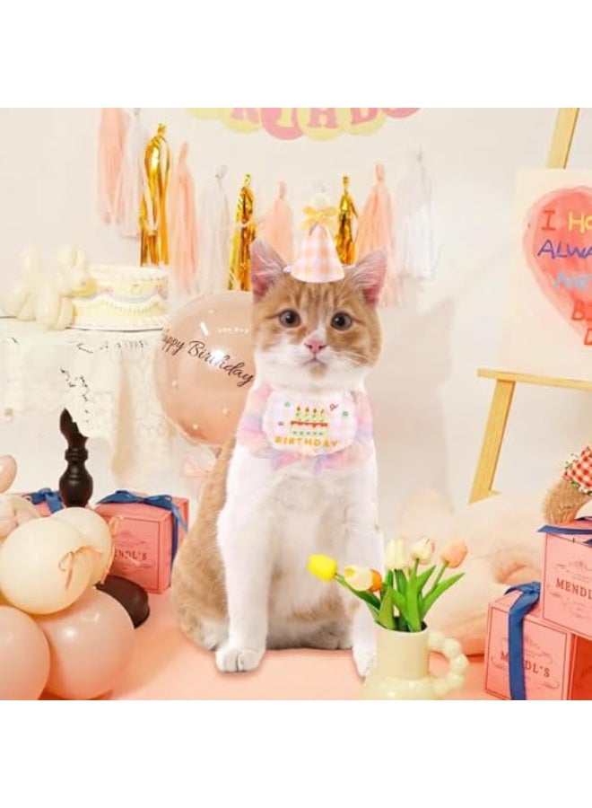 Luckam Pet Birthday Hat and Scarf, Cute Embroidered Cat Bandana Outfit, Cats Plaid Pattern Princess Costumes, Dog Lace Bib Decorations Set for Small Medium Pet, 2Pcs, Yellow - Image 1