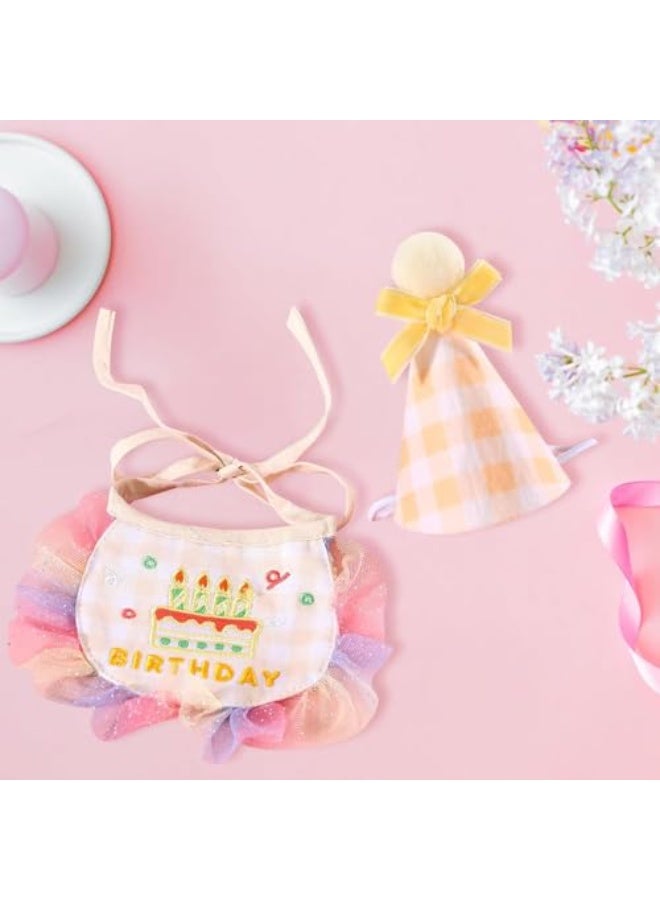 Luckam Pet Birthday Hat and Scarf, Cute Embroidered Cat Bandana Outfit, Cats Plaid Pattern Princess Costumes, Dog Lace Bib Decorations Set for Small Medium Pet, 2Pcs, Yellow - Image 5