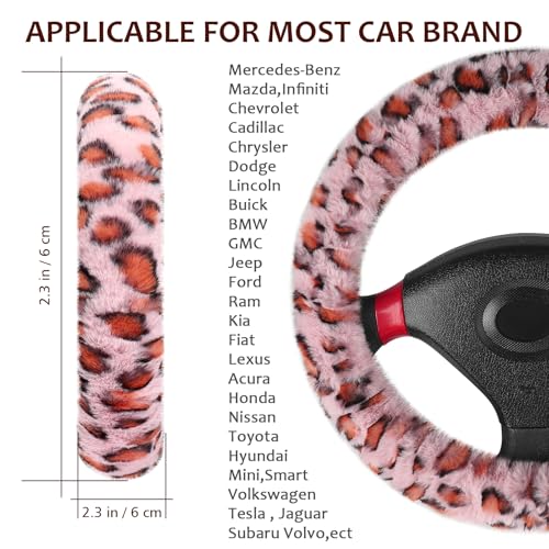 Accmor Fuzzy Steering Wheel Cover Universal Fit Fur Car Wheel Cover Handbrake Cover Gear Shift Cover Set for Women Girls Leopard Winter Warm Fluffy Vehicle Wheel Protector for Auto SUV Pink - Image 3