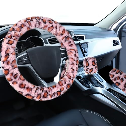 Accmor Fuzzy Steering Wheel Cover Universal Fit Fur Car Wheel Cover Handbrake Cover Gear Shift Cover Set for Women Girls Leopard Winter Warm Fluffy Vehicle Wheel Protector for Auto SUV Pink - Image 1