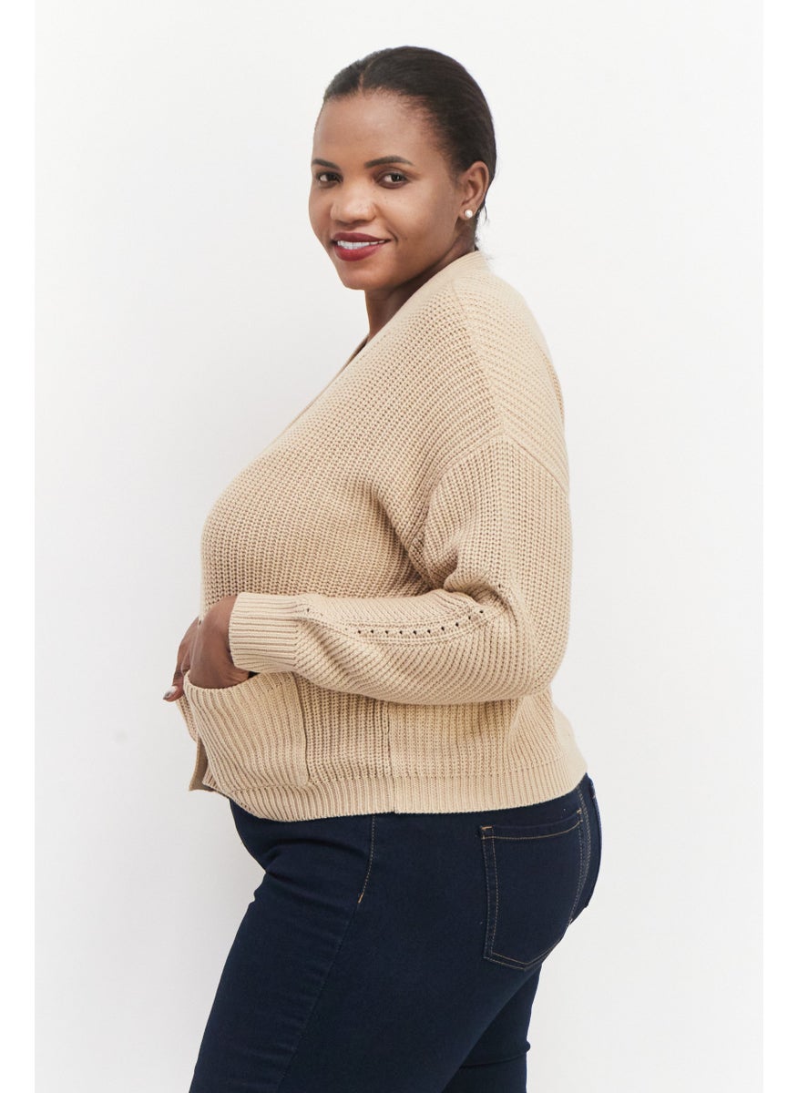 ESPRIT Women V-Neck Long Sleeves Knitted Cardigans, Beige  - Image 4