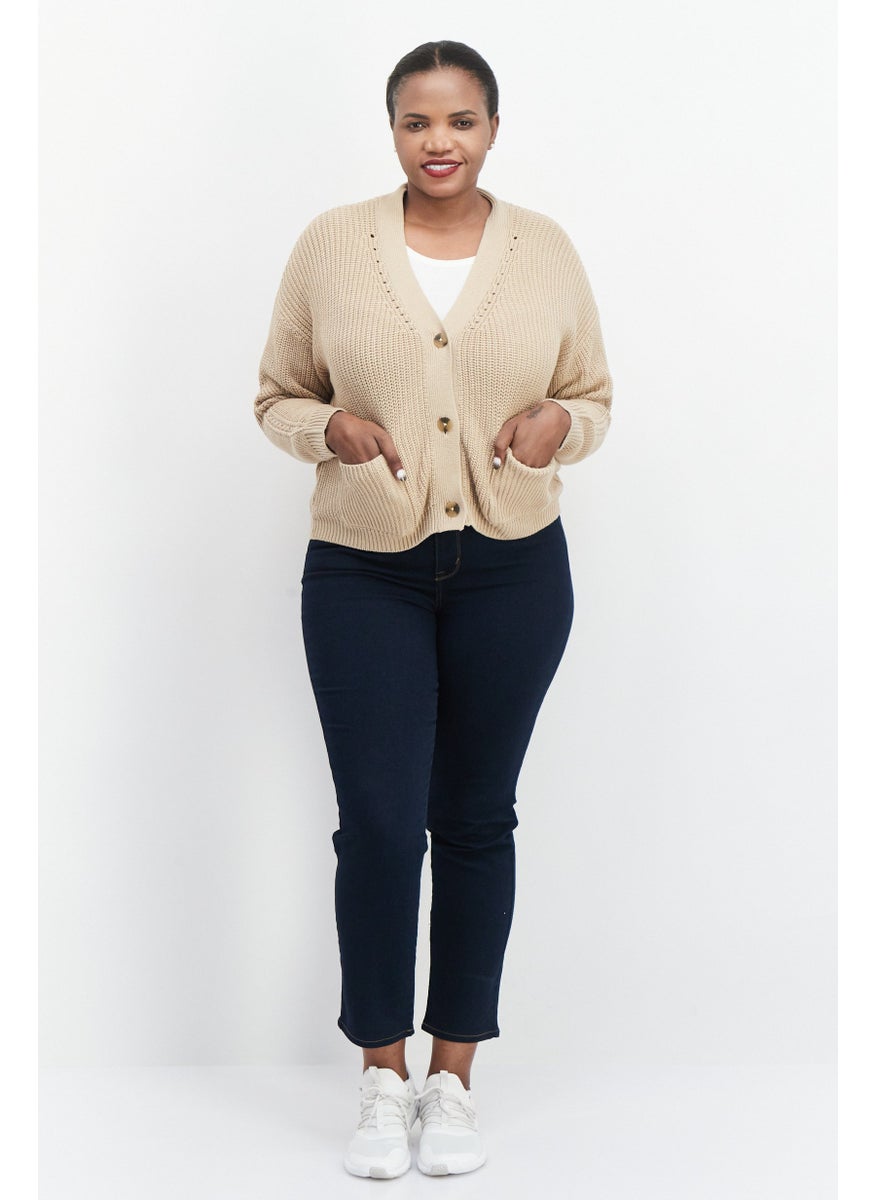 ESPRIT Women V-Neck Long Sleeves Knitted Cardigans, Beige  - Image 2