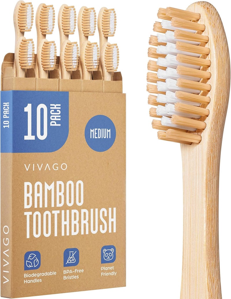 VIVAGO Bamboo Toothbrushes Medium Bristles 10 Pack - BPA Free Medium Bristles Toothbrushes for Adults | Eco-Friendly, Compostable & Biodegradable Toothbrush | Natural Wooden Toothbrush - Image 1