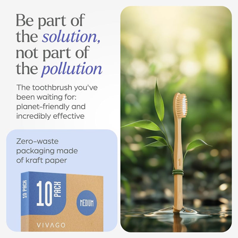 VIVAGO Bamboo Toothbrushes Medium Bristles 10 Pack - BPA Free Medium Bristles Toothbrushes for Adults | Eco-Friendly, Compostable & Biodegradable Toothbrush | Natural Wooden Toothbrush - Image 3