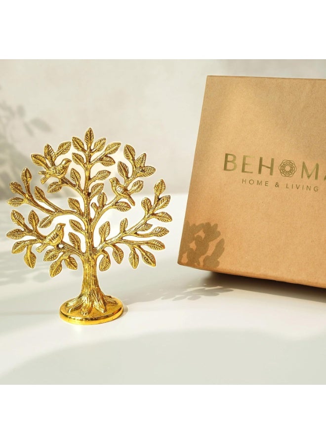 BEHOMA بيهوما شجرة كالبفريكش من النحاس النقي 100% مع الطيور | تحفة شجرة الحياة كالبافريكشا لديكور الطاولة (5.9 بوصة) | ديكور كالبفريكشا فاستو وفنغشوي، زينة المنزل ومعبد بوجا، هدية الحظ الجيد - Image 1
