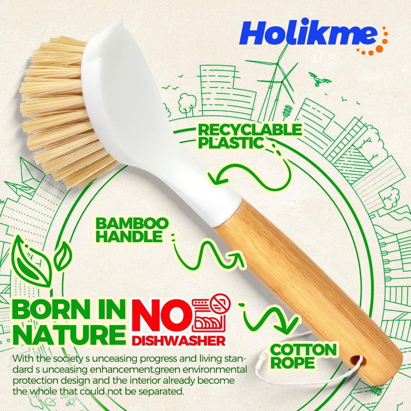 Holikme 3 Pack Dish Brush Set with Bamboo Handle, Kitchen Brushes for Cleaning Pot, Sink and Stove, Skillet Scrubber with Tough Bristles for Cast Iron Grill Pan, Yellow White Black - Image 5