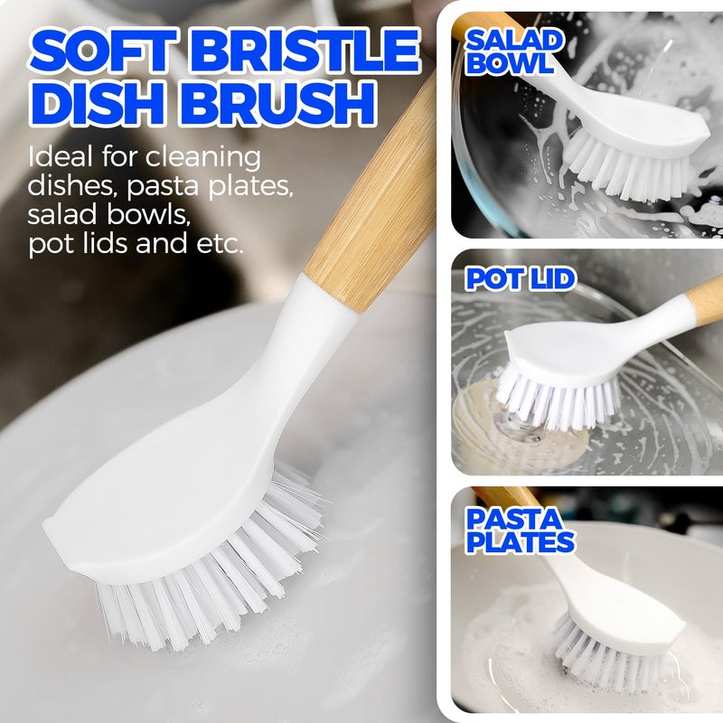 Holikme 3 Pack Dish Brush Set with Bamboo Handle, Kitchen Brushes for Cleaning Pot, Sink and Stove, Skillet Scrubber with Tough Bristles for Cast Iron Grill Pan, Yellow White Black - Image 2