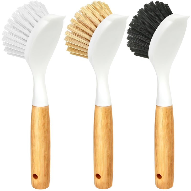 Holikme 3 Pack Dish Brush Set with Bamboo Handle, Kitchen Brushes for Cleaning Pot, Sink and Stove, Skillet Scrubber with Tough Bristles for Cast Iron Grill Pan, Yellow White Black - Image 1