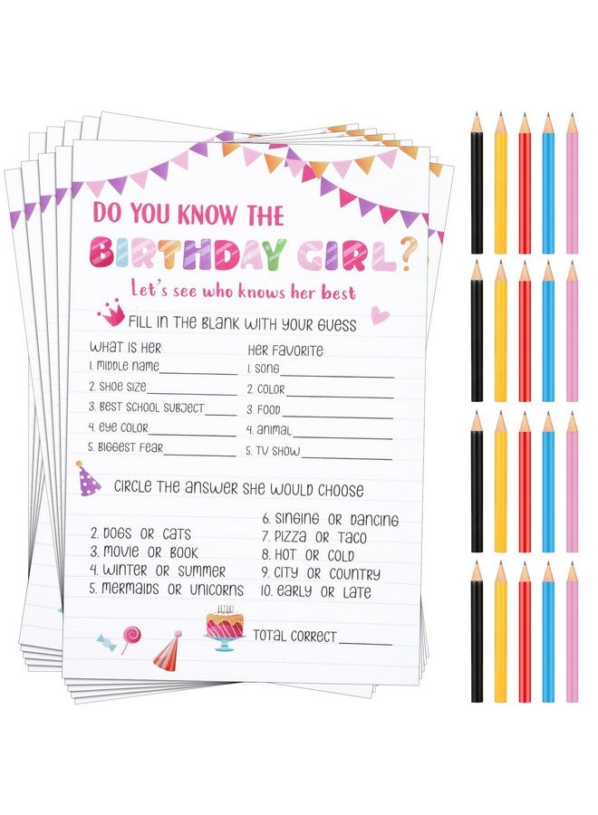 Marspark 50 Sheets Who Knows The Birthday Girl Game Cards Birthday Girl Party Game Cards with 20 Pieces Pre Pointed Wood Pencils for Sleepover Slumber Party Supplies - Image 1