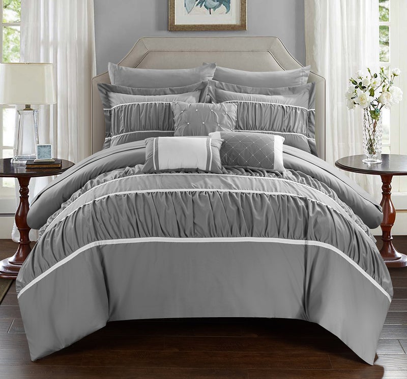 Chic Home CS2125AN Cheryl 10 Piece Comforter Set Complete Bed in a Bag Pleated Ruched Ruffled Bedding with Sheet Set Grey Queen