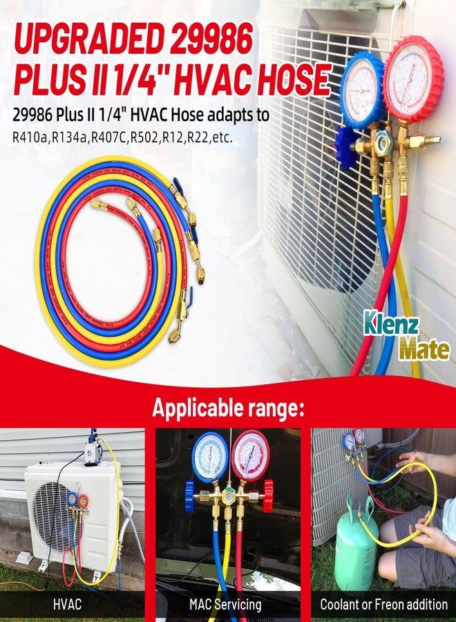 KlenzMate 2025 Upgrade 29986 Plus II 1/4” HVAC Hose with Compact Ball Valve. Refrigerant Hose with Standard 1/4“ Flare Fittings, 800 PSI Working Pressure for Common Refrigerants. 72”, Yellow/Red/Blue (3-Pack) - Image 2