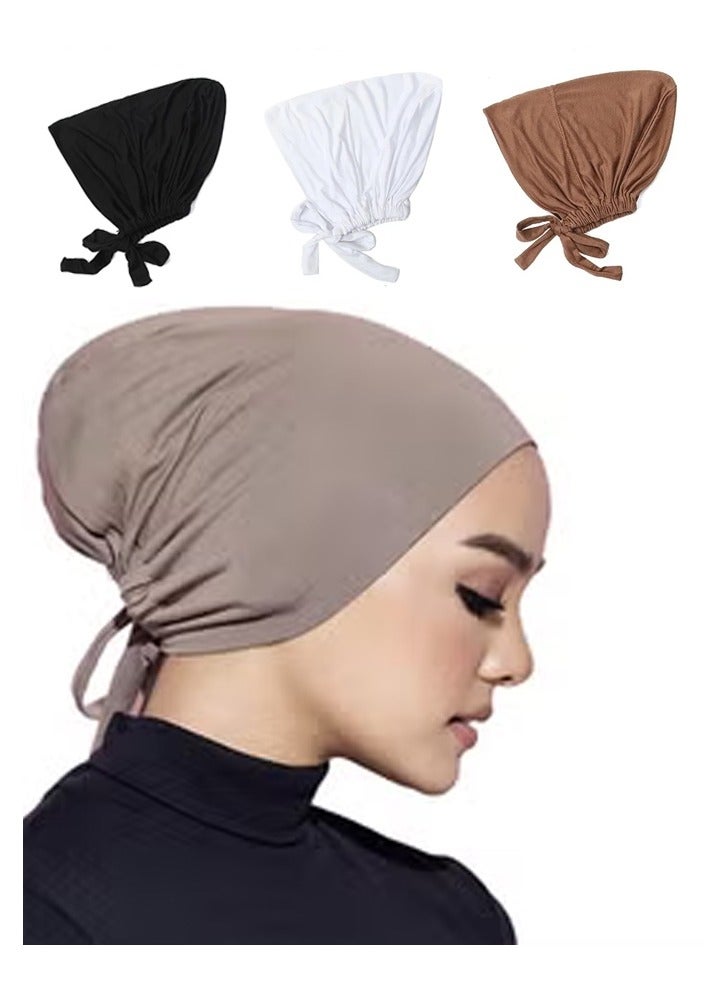 3PCS  Muslim Turban Hat Inner Hijab Caps Islamic Underscarf Bonnet India Hats Female Headwrap Turbante Mujer,1 Black 1 White and 1 Khaki - Image 1