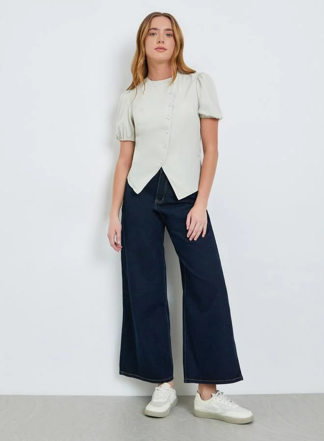 Take Two Green Puff Sleeve Button-Front Top