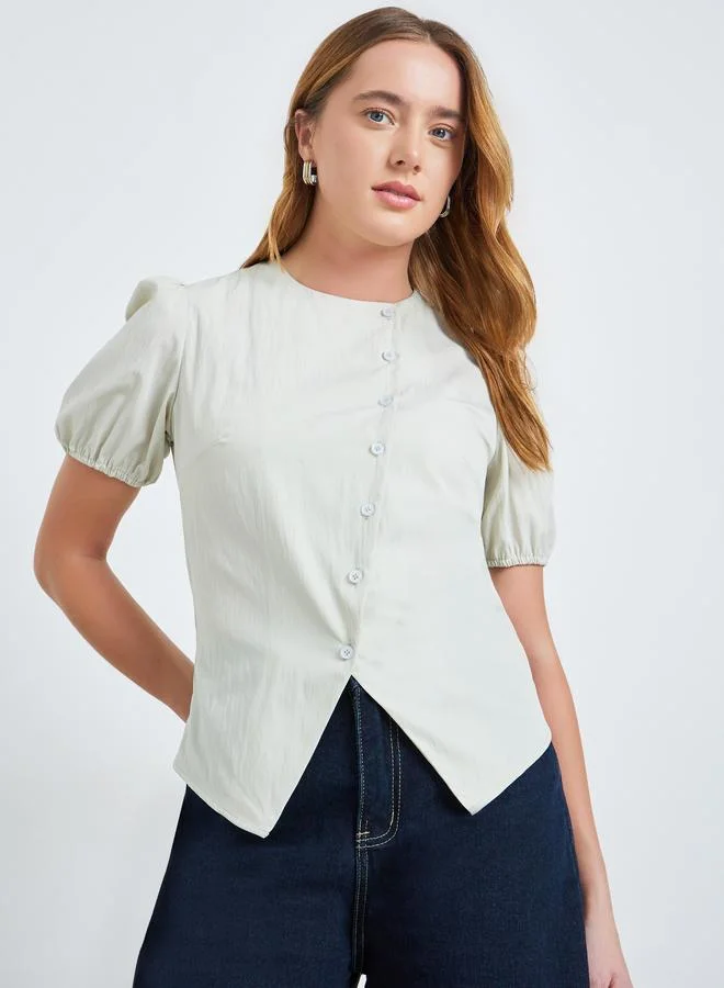 Take Two Green Puff Sleeve Button-Front Top